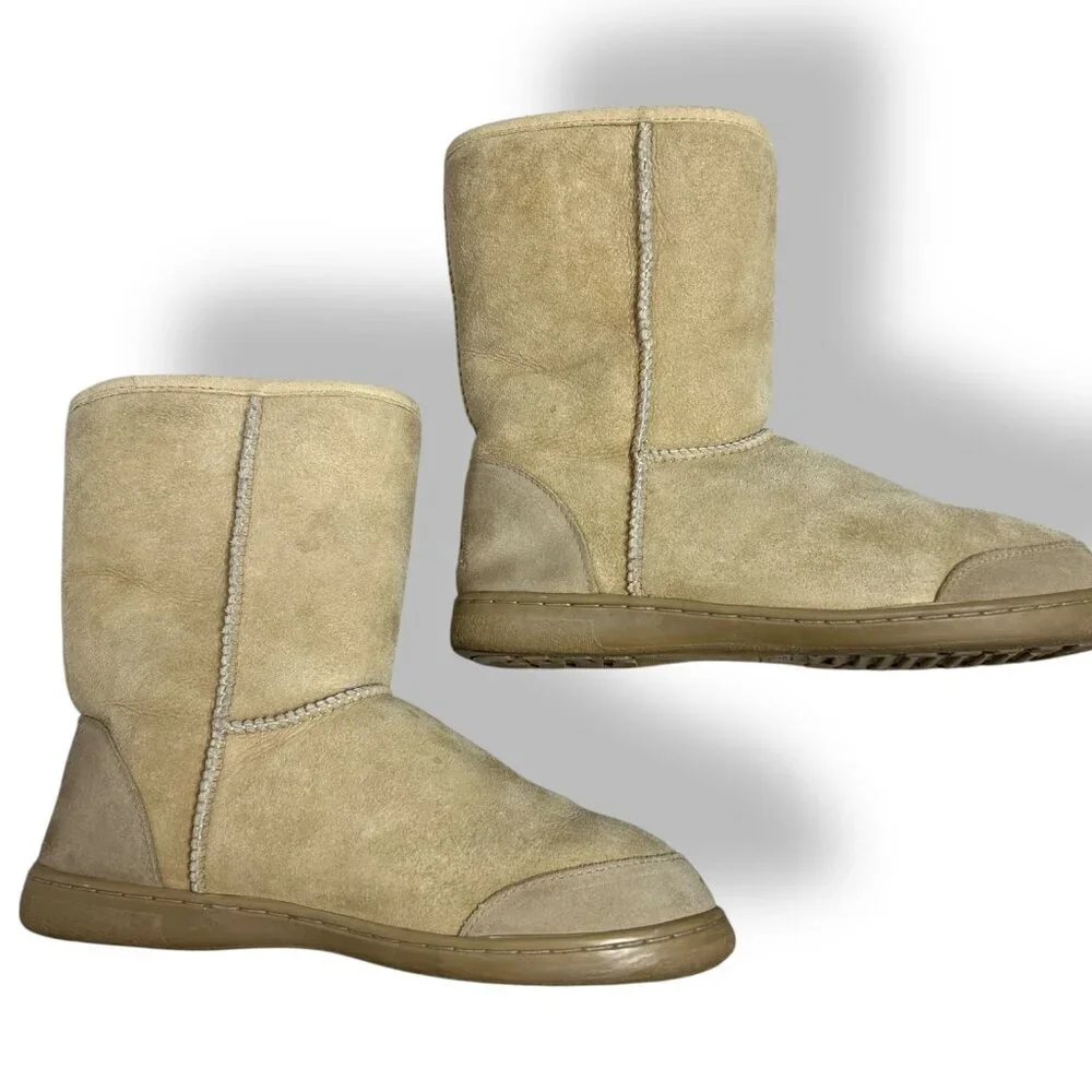 Qwaruba Genuine Sheepskin Mid Calf Boots Suede Outer Tan Brown (Ugg -like) Sz 8